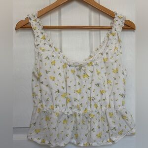 100% cotton floral Sleeveless Top White Yellow lightweight ruffled blouse w/ bow